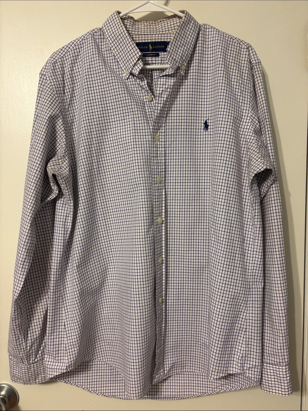 Ralph Lauren White Button-Down Shirt with Navy Windowpane Check